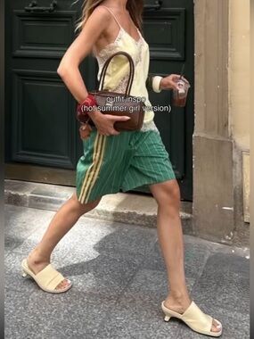 adidas Green Pinstripe Athletic Bermuda Shorts with Gold Stripes